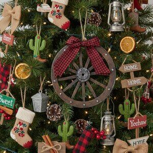 Wagon Wheel with Buffalo Checkered Bow Ornament Western Christmas Decor